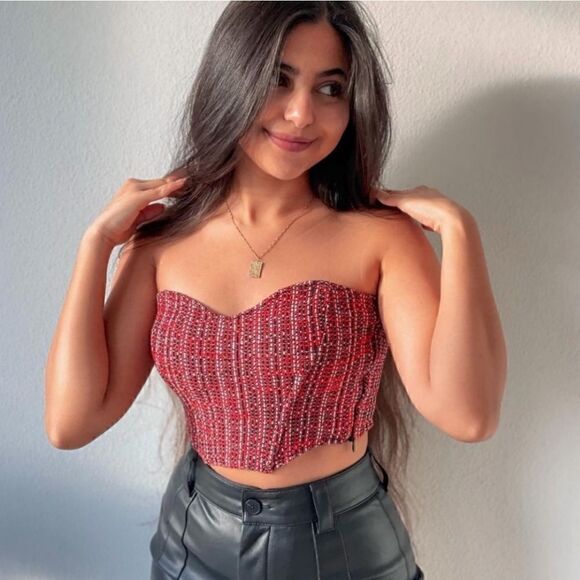 Zara Tops - NWT Zara Textured Tweed Corset Strapless Top Size small tweed dark red burgundy